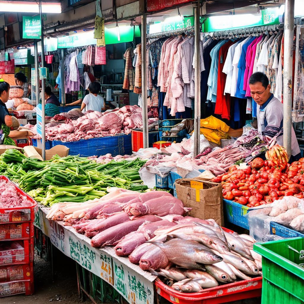 Hình ảnh các gian hàng bày bán đa dạng mặt hàng tươi sống quần áo tại Chợ Thuận Giao nhộn nhịp